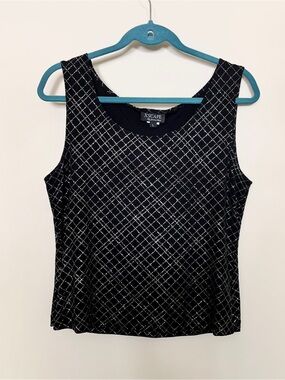 Vintage Xscape Black Glitter Silver Grid Geometric Tank Top Size Large XLarge XL